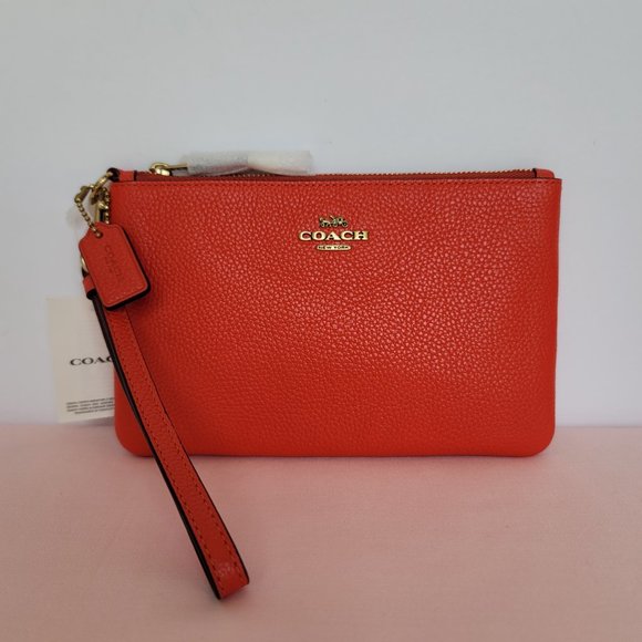 COACH Small Wristlet in Polished Pebbled Leather -Red Orange - Picture 3 of 16